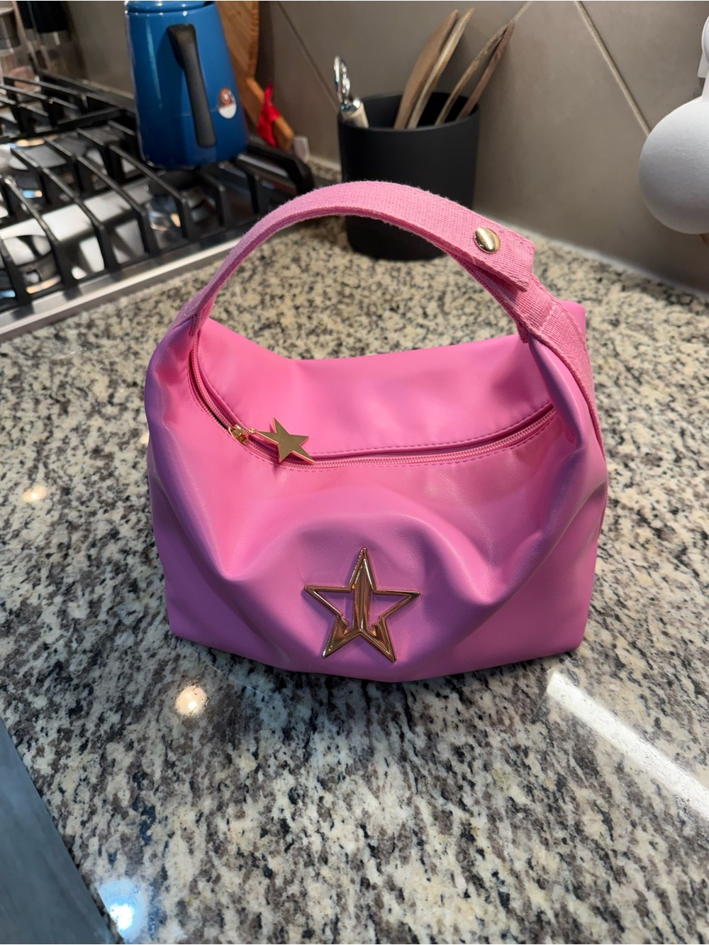 Jeffree Star Pink Cosmetic Handle Bag with Gold Star Accent